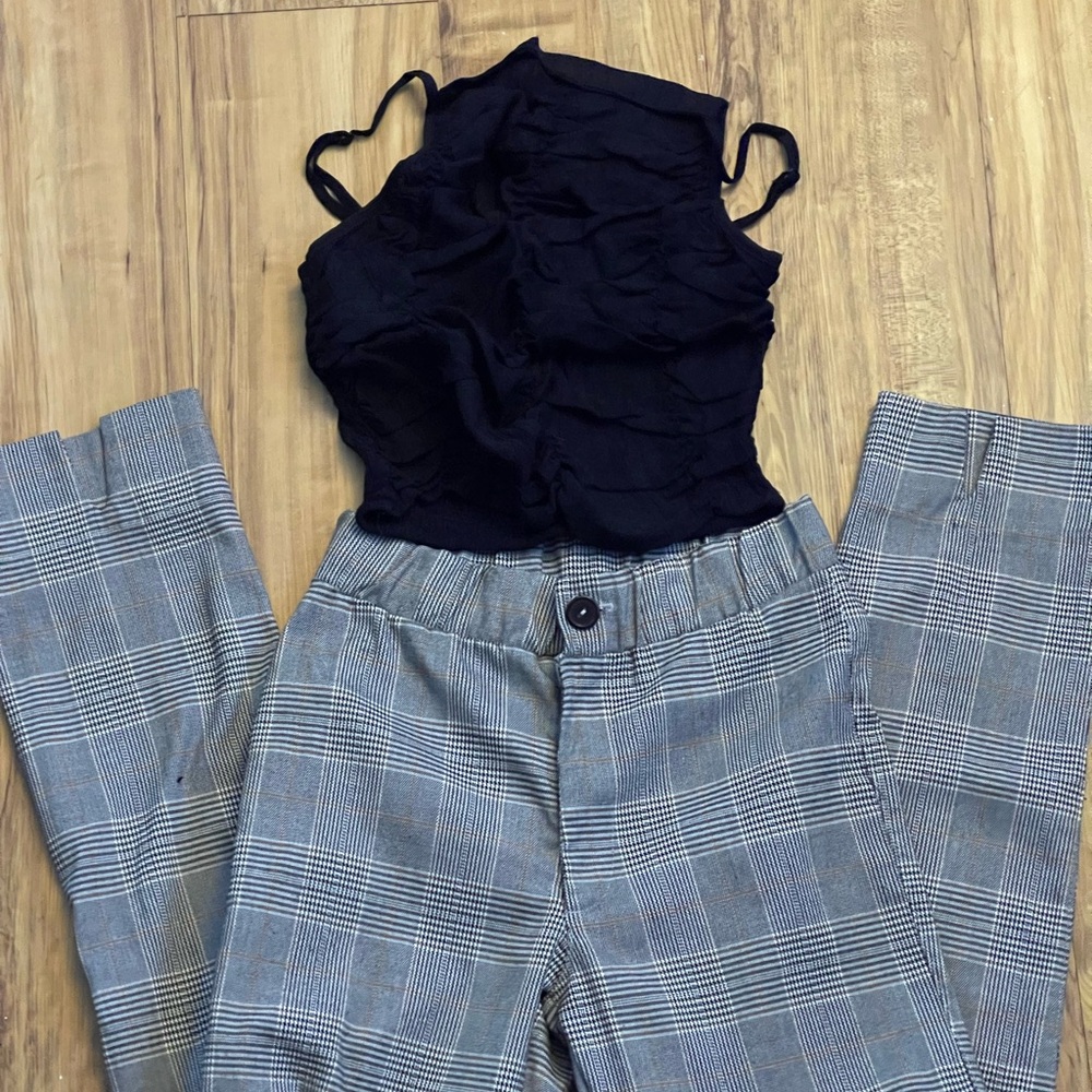 Black Top and Plaid Pants Set
